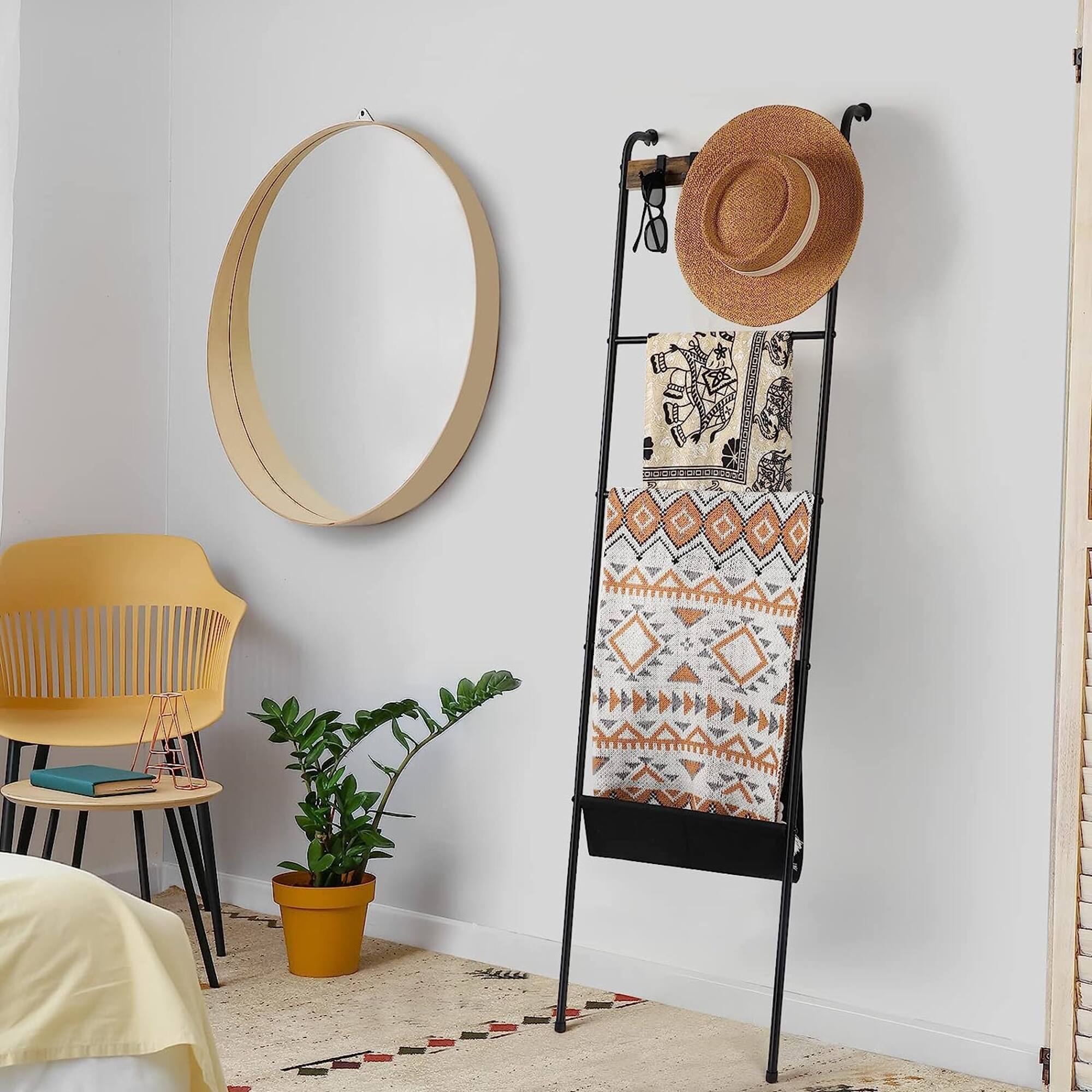 NEX™ 64.5" Farmhouse Decorative Ladder with 5 Hooks & Pocket